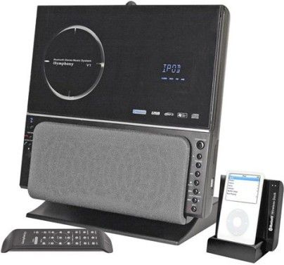 iSymphony V1BLUE Bluetooth Stereo System with Wireless iPod Dock, 200 Watts peak power, 45 Watts RMS output power-20 Watts + 25 Watt subwoofer, Bluetooth PC connectivity, CD player with audio CD, CD-R and CD-RW playback and 32 track program memory, Clock radio functions  wake and sleep to your iPod, CD, or favorite radio station, MW/FM Stereo with Digital Synthesized Tuner and 45 station memory (V1BLUE V1-BLUE V1 BLUE)