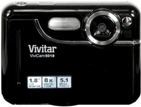 Vivitar V5018S ViviCam Digital Camera, 5.1 Megapixel Resolution, Color Support, CMOS Optical Sensor Type, 5,100,000 pixels Effective Sensor Resolution, ISO auto Light Sensitivity, 8 x Digital Zoom, Lens - 7.23 mm - f/2.8 Type, 7.23 mm Focal Length, Focus free Focus Adjustment, F/2.8 Lens Aperture, 10 sec Self Timer Delay, Frame movie mode Shooting Modes, 1/2000 sec Max Shutter Speed, 1/2 sec Min Shutter Speed, LCD display - TFT active matrix - 1.8