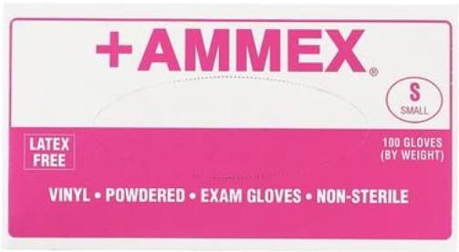 Ammex V62100 +AMMEX Small Lightly Powdered Medical Vinyl Gloves, Clear, Beaded Cuff, Smooth, Latex Free, Superb Tensile Strength, Cuff Thickness 3 +/- 1 mil, Palm Thickness 4 +/- 1 mil, Finger Thickness 5 +/- 1 mil, 85 +/- 10 mm Width, 235 +/- 5 mm Length, 100 gloves per box, Box Dimensions 240 x 125 x 63 mm, UPC 697383400918 (V62-100 V62 100 V-62100 V 62100)