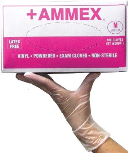 Ammex V64100 +AMMEX Medium Lightly Powdered Medical Vinyl Gloves, Clear, Beaded Cuff, Smooth, Latex Free, Superb Tensile Strength, Cuff Thickness 3 +/- 1 mil, Palm Thickness 4 +/- 1 mil, Finger Thickness 5 +/- 1 mil, 95 +/- 10 mm Width, 235 +/- 5 mm Length, 100 gloves per box, Box Dimensions 240 x 125 x 63 mm, UPC 697383400925 (V64-100 V64 100 V-64100 V 64100)
