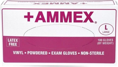 Ammex V66100 +AMMEX Large Lightly Powdered Medical Vinyl Gloves, Clear, Beaded Cuff, Smooth, Latex Free, Superb Tensile Strength, Cuff Thickness 3 +/- 1 mil, Palm Thickness 4 +/- 1 mil, Finger Thickness 5 +/- 1 mil, 105 +/- 10 mm Width, 235 +/- 5 mm Length, 100 gloves per box, Box Dimensions 240 x 125 x 63 mm, UPC 697383400932 (V66-100 V66 100 V-66100 V 66100)