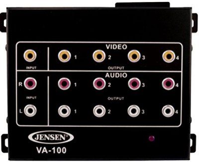 Jensen VA100 Audio/Video Distribution Amplifier, Can Connect the Outputs of the VA100 to Up to Four Screens or Video Monitors, Video Input Jack, Left/Right Audio Input Jacks, DC Input, Video Output Jack, Left/Right Audio Output Jacks, Power LED, UPC 681787015472 (VA-100 VA 100)