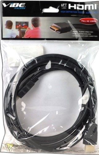 Vibe VA-HD06-BK High Definiton Video/Audio 6ft. HDMI Cable, Black; Perfect for Digital TVs, LCDs, D-VHS Players, Plasma Displays, Set-Top Boxes, Audio/Video Receivers, DVD Players, Mobile TV, PC, Camcorder or Digital Camera; 80C UL style; 20276 UL style; Appliance Wiring Material (AWM); 480i, 480p, 720p, 1080i and 1080p video resolution support; UPC 822248471639 (VAHD06BK VAHD06-BK VA-HD06BK)