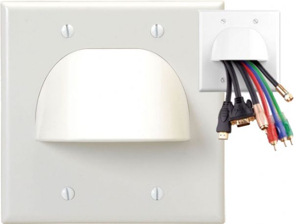Vanco 120624X Bulk Cable 2-Gang Faceplate; Unique Wall Plate Design Provides For Easier Installation; Removable Design To Accommodate Areas Where Space Is Limited; Accommodates HDMI, DVI And VGA Cables; Designed To Fit Dual Standard Electrical J-Box Or Low Voltage Mounting Bracket; Hole Diameter Approximately: 1.5