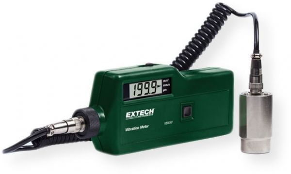 Extech VB450-NIST Vibration Meter; NIST Compliance; Remote vibration sensor with magnetic adapter on 7.9 in. coiled cable; Wide frequency range of 10Hz to 1500Hz; Velocity (RMS), Acceleration (Peak), and Displacement (Peak to Peak) measurements; Automatic data hold after measurement button is released; Auto power off after 1 minute; UPC 793950714515 (VB450NIST VB450-NIST METER-VB450-NIST EXTECHVB450-NIST EXTECH-VB450NIST EX-TECH-VB450-NIST)