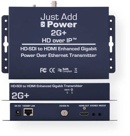 Just and Add Power JUS-VBSHDIP428A 2G+ SDI PoE Transmitter; Stereo or Multi-channel audio supported; Built-in video wall support; 3D Support; Compliancy: HDCP & RoHS/FCC/CE; Operating Temp: 0-60 ⁰C / 32-140 ⁰F; Supported Resolutions: Up to 1080p 50/60 Hz, PC: 1920 x 1200:; Dimensions &: 199 x 32 x 127 mm, 7.8 x 1.2 x 5.0; Weight: 0.45 kg / 1 lb; Ports: SDI In, HDMI Out, Ethernet connector, 3.5mm Stereo Out, 3.5mm RS232 w/ null modem, Micro-USB (VBSHDIP428A VBS-HDIP-428A BTX)