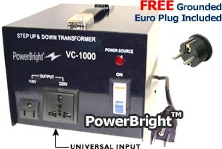 PowerBright VC-1000W Capacity Step Up Down Voltage Transformer 1000W, On & Off switch, Fuse protected, 2 Spare Fuses Included, CE Approved, External, Replaceable Fuse, Switch BREAKER, Fuse Protected, 7.2W x 8.2L x 6.0H in Dimension, 20.68 Lbs Weight (VC1000W VC 1000W VC1000 VC-1000 VC100 VC-100 Power Bright)