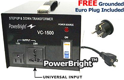 PowerBright VC-1500W Step Up & Down Voltage Transformer 220V/110V 1500W, Fuse Protected, On & Off Switch Breaker Switch, On & Off switch Breaker Switch, Fuse protected, 2 Spare Fuses Included, CE Approved, Switch BREAKER, Fuse Protected (VC1500W VC 1500W VC1500 VC-1500 VC150 VC-150 Power Bright)