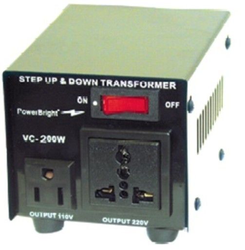PowerBright VC-200W Step up & down Transformer 200W, This voltage transformer can be used in 110 volt countries and 220 volt countries, It will convert from 220-240 volt to 110-120 volt AND from 110-120 volt to 220-240 volt, On & Off switch (VC200W VC 200W VC-200 VC200)