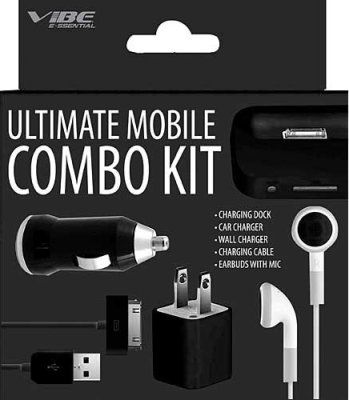 Vibe VE8555COBK Ultimate Mobile Combo Kit For use with iPhone; Energy Star Certified; Portable Design; Made in China; Includes: Charging Dock, Car Charger, Wall Charger, Charging Cable and Earbuds; UPC 822248533771 (VE-8555COBK VE 8555COBK VE8555CO-BK VE8555CO)