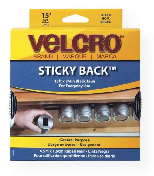 Velcro V90081 Sticky Back Tape; Built-in dispensers; Complete flexibility provides exact length for each project; Black, 15' x .75