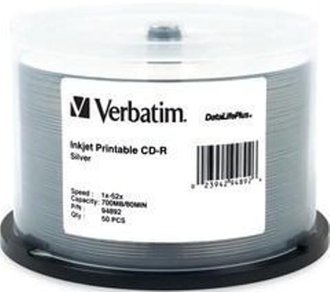 Verbatim 94892 DataLifePlus CD-R Media, 120mm Form Factor, Single Layer, 52X Maximum Write Speed, CD-R Media Formats, Inkjet Print Technology, Printable, DataLifePlus Series, 700MB Storage Capacity, Silver Inkjet Surface, CD-R Media, 50 Pack Quantity (94892 VERBATIM94892 VERBATIM 94892 VERBATIM-94892)