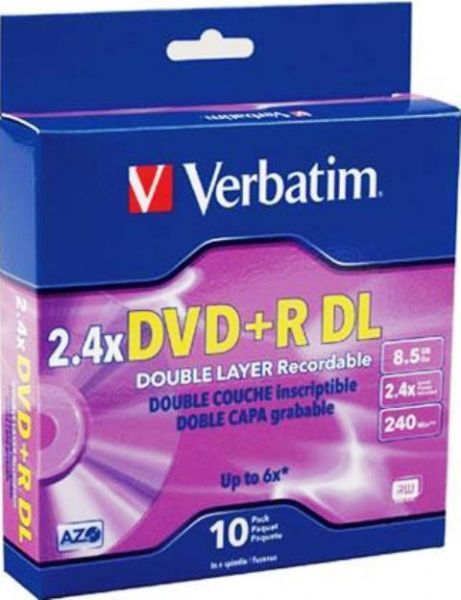 Verbatim 95166 DVD+R Media, 120mm Form Factor, Double Layer, 2.4X Maximum Write Speed, DVD+R DL Media Formats, 10 Pack Quantity, 8.5GB Storage Capacity, DVD+R Media Type, UPC 023942951667 (95166 VERBATIM95166 VERBATIM-95166 VERBATIM 95166)