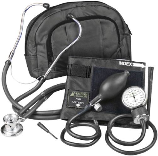 Veridian Healthcare 02-12101 Sterling ProKit Fanny Pack Adjustable Aneroid Sphygmomanometer with Sprague Stethoscope, Adult, Black, Outstanding quality and versatility come together in convenient all-in-one, professional kits, Every ProKit includes a large coordinating attach fanny pack, UPC 845717000369 (VERIDIAN0212101 0212101 02 12101 021-2101 0212-101)