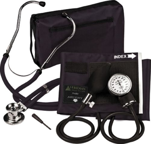 Veridian Healthcare 02-12601 Sterling ProKit Adjustable Aneroid Sphygmomanometer with Sprague Stethoscope, Adult, Black, Outstanding quality and versatility come together in convenient all-in-one, professional kits, Every ProKit includes a large coordinating attach case or fanny pack, UPC 845717000390 (VERIDIAN0212601 0212601 02 12601 021-2601 0212-601)