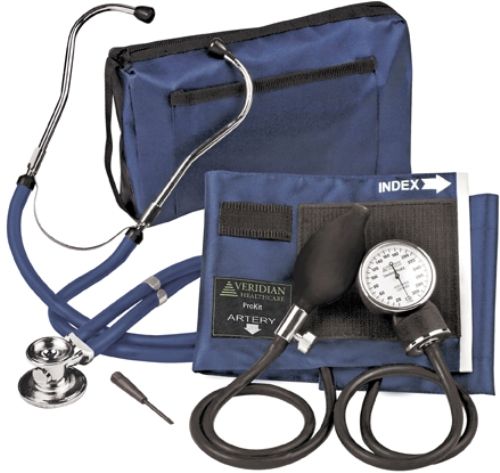 Veridian Healthcare 02-12602 Sterling ProKit Adjustable Aneroid Sphygmomanometer with Sprague Stethoscope, Adult, Navy Blue, Outstanding quality and versatility come together in convenient all-in-one, professional kits, Every ProKit includes a large coordinating attach case pack, UPC 845717000406 (VERIDIAN0212602 0212602 02 12602 021-2602 0212-602)