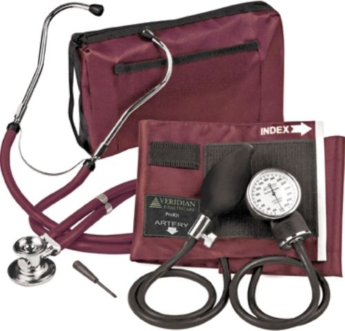 Veridian Healthcare 02-12604 Sterling ProKit Adjustable Aneroid Sphygmomanometer with Sprague Stethoscope, Adult, Burgundy, Outstanding quality and versatility come together in convenient all-in-one, professional kits, Every ProKit includes a large coordinating attach case pack, UPC 845717000420 (VERIDIAN0212604 0212604 02 12604 021-2604 0212-604)