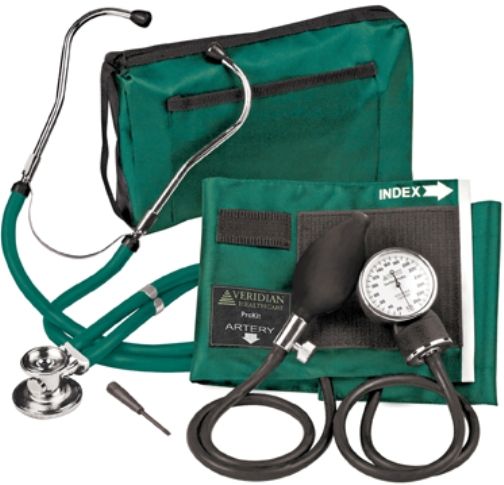 Veridian Healthcare 02-12606 Sterling ProKit Adjustable Aneroid Sphygmomanometer with Sprague Stethoscope, Adult, Hunter Green, Outstanding quality and versatility come together in convenient all-in-one, professional kits, Every ProKit includes a large coordinating attach case pack, UPC 845717000437 (VERIDIAN0212606 0212606 02 12606 021-2606 0212-606)