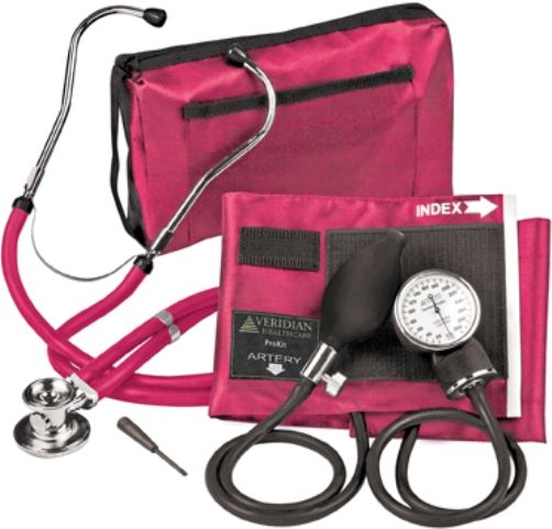 Veridian Healthcare 02-12608 Sterling ProKit Adjustable Aneroid Sphygmomanometer with Sprague Stethoscope, Adult, Magenta, Outstanding quality and versatility come together in convenient all-in-one, professional kits, Every ProKit includes a large coordinating attach case pack, UPC 845717000444 (VERIDIAN0212608 0212608 02 12608 021-2608 0212-608)