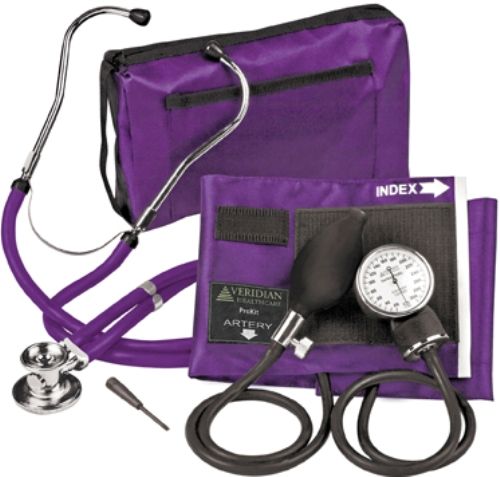 Veridian Healthcare 02-12611 Sterling ProKit Adjustable Aneroid Sphygmomanometer with Sprague Stethoscope, Adult, Purple, Outstanding quality and versatility come together in convenient all-in-one, professional kits, Every ProKit includes a large coordinating attach case pack, UPC 845717000451 (VERIDIAN0212611 0212611 02 12611 021-2611 0212-611)