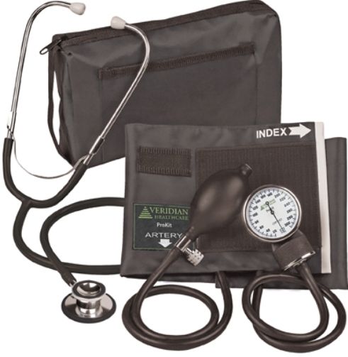 Veridian Healthcare 02-12701 ProKit Aneroid Sphygmomanometer with Dual-Head Stethoscope, Adult, Black, Standard air release valve and bulb and coordinating calibrated nylon adult cuff, Non-chill diaphragm retaining and bell ring, Aluminum dual head chestpiece, Tube length 22