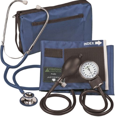 Veridian Healthcare 02-12702 ProKit Aneroid Sphygmomanometer with Dual-Head Stethoscope, Adult, Navy Blue, Standard air release valve and bulb and coordinating calibrated nylon adult cuff, Non-chill diaphragm retaining and bell ring, Aluminum dual head chestpiece, Tube length 22