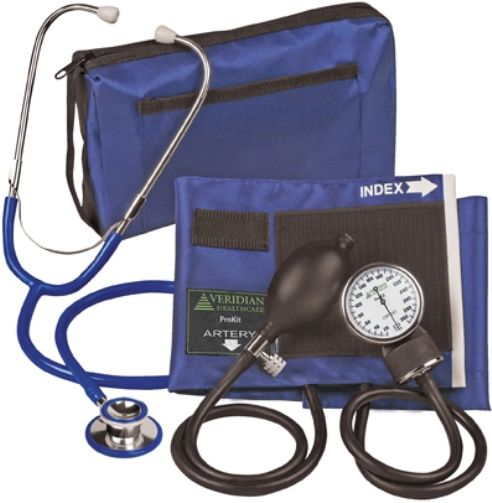 Veridian Healthcare 02-12703 ProKit Aneroid Sphygmomanometer with Dual-Head Stethoscope, Adult, Royal Blue, Standard air release valve and bulb and coordinating calibrated nylon adult cuff, Non-chill diaphragm retaining and bell ring, Aluminum dual head chestpiece, Tube length 22
