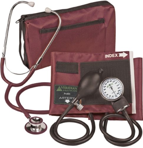 Veridian Healthcare 02-12704 ProKit Aneroid Sphygmomanometer with Dual-Head Stethoscope, Adult, Burgundy, Standard air release valve and bulb and coordinating calibrated nylon adult cuff, Non-chill diaphragm retaining and bell ring, Aluminum dual head chestpiece, Tube length 22