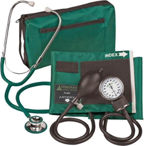 Veridian Healthcare 02-12706 ProKit Aneroid Sphygmomanometer with Dual-Head Stethoscope, Adult, Hunter Green, Standard air release valve and bulb and coordinating calibrated nylon adult cuff, Non-chill diaphragm retaining and bell ring, Aluminum dual head chestpiece, Tube length 22