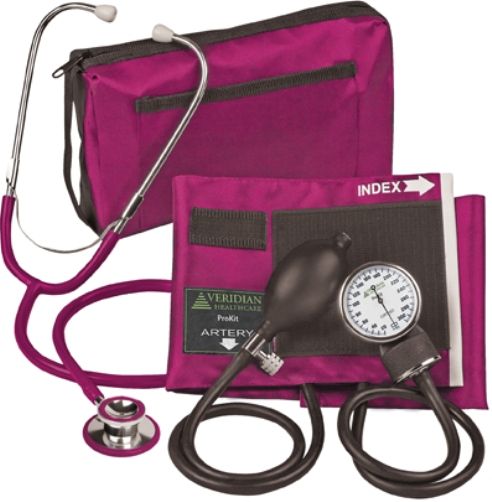 Veridian Healthcare 02-12708 ProKit Aneroid Sphygmomanometer with Dual-Head Stethoscope, Adult, Magenta, Standard air release valve and bulb and coordinating calibrated nylon adult cuff, Non-chill diaphragm retaining and bell ring, Aluminum dual head chestpiece, Tube length 22