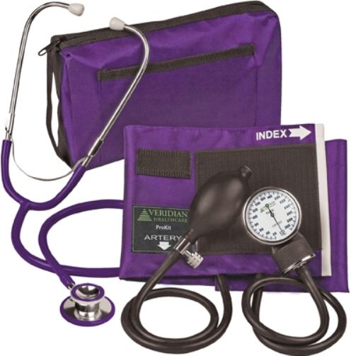 Veridian Healthcare 02-12711 ProKit Aneroid Sphygmomanometer with Dual-Head Stethoscope, Adult, Purple, Standard air release valve and bulb and coordinating calibrated nylon adult cuff, Non-chill diaphragm retaining and bell ring, Aluminum dual head chestpiece, Tube length 22