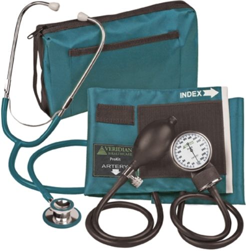 Veridian Healthcare 02-12713 ProKit Aneroid Sphygmomanometer with Dual-Head Stethoscope, Adult, Teal, Standard air release valve and bulb and coordinating calibrated nylon adult cuff, Non-chill diaphragm retaining and bell ring, Aluminum dual head chestpiece, Tube length 22