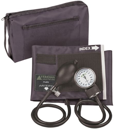 Veridian Healthcare 02-12801 ProKit Aneroid Sphygmomanometer, Adult, Black, Standard air release valve and bulb and nylon calibrated adult cuff, Size: 5.5