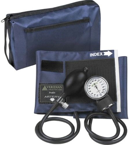 Veridian Healthcare 02-12802 ProKit Aneroid Sphygmomanometer, Adult, Navy Blue, Standard air release valve and bulb and nylon calibrated adult cuff, Size: 5.5