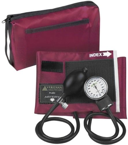 Veridian Healthcare 02-12804 ProKit Aneroid Sphygmomanometer, Adult, Burgundy, Standard air release valve and bulb and nylon calibrated adult cuff, Size: 5.5