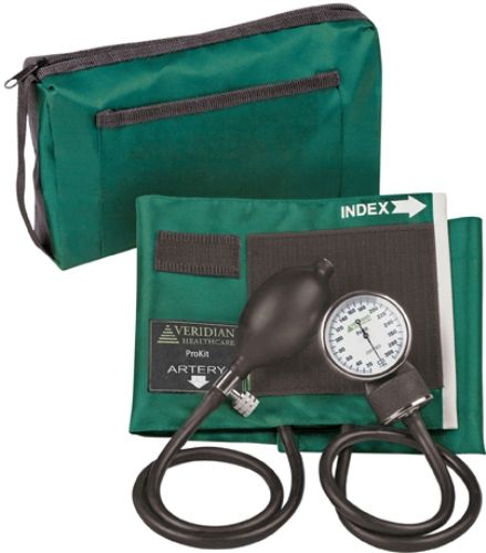 Veridian Healthcare 02-12806 ProKit Aneroid Sphygmomanometer, Adult, Hunter Green, Standard air release valve and bulb and nylon calibrated adult cuff, Size: 5.5
