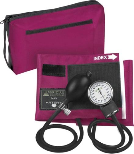 Veridian Healthcare 02-12808 ProKit Aneroid Sphygmomanometer, Adult, Magenta, Standard air release valve and bulb and nylon calibrated adult cuff, Size: 5.5