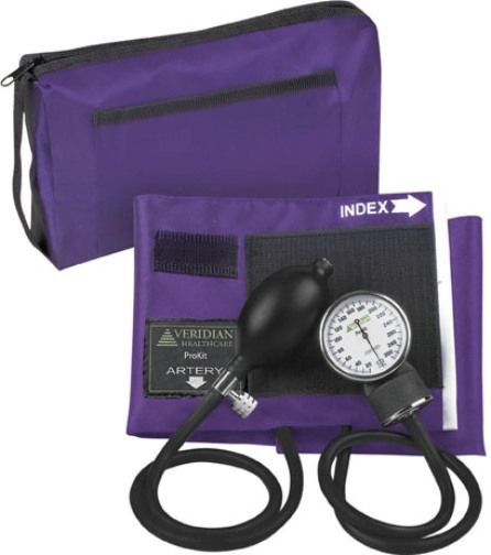 Veridian Healthcare 02-12811 ProKit Aneroid Sphygmomanometer, Adult, Purple, Standard air release valve and bulb and nylon calibrated adult cuff, Size: 5.5