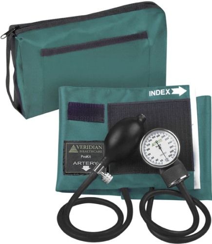 Veridian Healthcare 02-12813 ProKit Aneroid Sphygmomanometer, Adult, Teal, Standard air release valve and bulb and nylon calibrated adult cuff, Size: 5.5