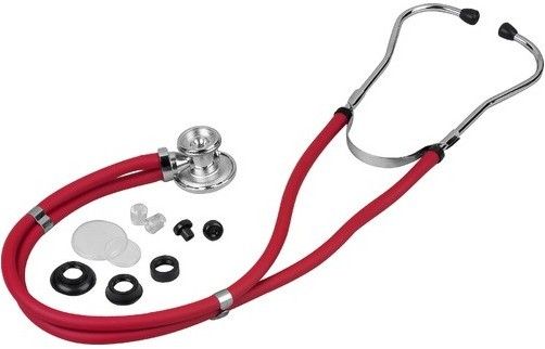 Veridian Healthcare 05-11012 Sterling Series Sprague Rappaport-Type Stethoscope, Red, Boxed, Traditional heavy-walled vinyl tubing blocks extraneous sounds, Durable, chrome-plated zinc alloy rotating chestpiece features two inner drum seals, effectively preventing audio leakage, Latex-Free, Thick-walled vinyl tubing, UPC 845717001540 (VERIDIAN0511012 0511012 05 11012 051-1012 0511-012)