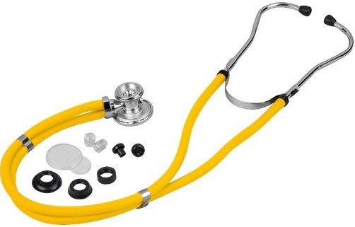 Veridian Healthcare 05-11014 Sterling Series Sprague Rappaport-Type Stethoscope, Yellow, Boxed, Traditional heavy-walled vinyl tubing blocks extraneous sounds, Durable, chrome-plated zinc alloy rotating chestpiece features two inner drum seals, effectively preventing audio leakage, Latex-Free, Thick-walled vinyl tubing, UPC 845717001564 (VERIDIAN0511014 0511014 05 11014 051-1014 0511-014)