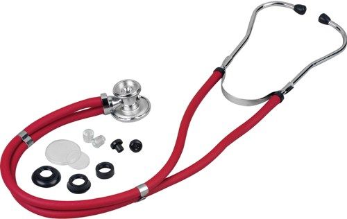 Veridian Healthcare 05-11112 Sterling Series Sprague Rappaport-Type Stethoscope, Red, Slider Pack, Traditional heavy-walled vinyl tubing blocks extraneous sounds, Durable, chrome-plated zinc alloy rotating chestpiece features two inner drum seals, effectively preventing audio leakage, Latex-Free, Thick-walled vinyl tubing, UPC 845717001670 (VERIDIAN0511112 0511112 05 11112 051-1112 0511-112)