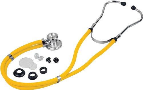 Veridian Healthcare 05-11114 Sterling Series Sprague Rappaport-Type Stethoscope, Yellow, Slider Pack, Traditional heavy-walled vinyl tubing blocks extraneous sounds, Durable, chrome-plated zinc alloy rotating chestpiece features two inner drum seals, effectively preventing audio leakage, Latex-Free, Thick-walled vinyl tubing, UPC 845717001694 (VERIDIAN0511114 0511114 05 11114 051-1114 0511-114)