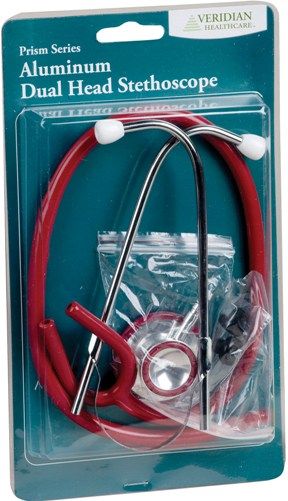Veridian Healthcare 05-12112 Prism Series Aluminum Dual Head Stethoscope, Red, Slider Pack, Lightweight anodized aluminum rotating chestpiece with color-coordinating diaphragm retaining ring and bell ring, Latex-Free, Tube length 22