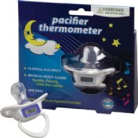 Veridian Healthcare 08-370 Digital Pacifier Thermometer, Contains BPA free plastic, 90-second readout, Fahrenheit measurements, Soothing, orthodontic nipple, Fever alarm plays “Twinkle, Twinkle, Little Star” lullaby for results above 99.9°F, Peak temperature tone and last-reading memory recall, Waterproof for sanitary cleaning, UPC 845717002608 (VERIDIAN08370 08370 08 370 083-70) 