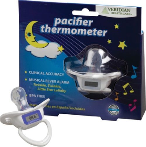Veridian Healthcare 08-370 Digital Pacifier Thermometer, Contains BPA free plastic, 90-second readout, Fahrenheit measurements, Soothing, orthodontic nipple, Fever alarm plays Twinkle, Twinkle, Little Star lullaby for results above 99.9F, Peak temperature tone and last-reading memory recall, Waterproof for sanitary cleaning, UPC 845717002608 (VERIDIAN08370 08370 08 370 083-70)