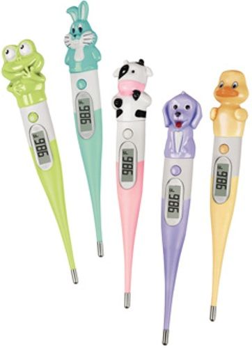 Veridian Healthcare 08-375 PediaPets Thermometers, 5-Piece character set (Frog, Bunny, Cow, Dog and Duck), Fast 20-second readout, Clinical accuracy to 2/10ths of a degree F, Peak temperature tone, last-reading memory recall and fever alert for temperatures above 99.5F, Soft flexible tip for added comfort during readings, UPC 845717002615 (VERIDIAN08375 08375 08 375 083-75)