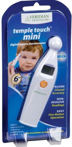 Veridian Healthcare 09-330 Mini Temple Touch Thermometer, Fast, 6-second readout, Clinically accurate, Convenient temple measurement site, One-button operation, Last reading memory recall, Fahrenheit/Celsius measurements, Automatic shut-off, Low-battery indicator, No probe covers required, UPC 845717004169 (VERIDIAN09330 09330 09 330 093-30)
