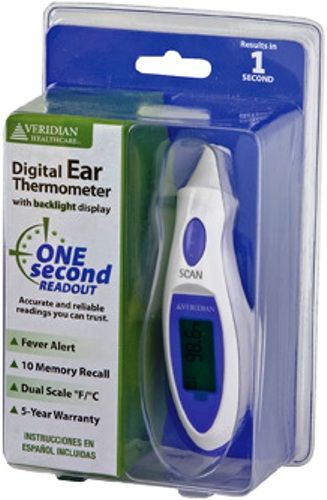 Veridian Healthcare 09-340 Instant Digital Ear Thermometer, One-second tympanic readings, Clinically accurate, Backlit, illuminated display for convenient low-light use, 10-memory recall, Fahrenheit/Celsius measurements, Automatic shut-off, No probe covers required, UPC 845717002653 (VERIDIAN09340 09340 09 340 093-40)