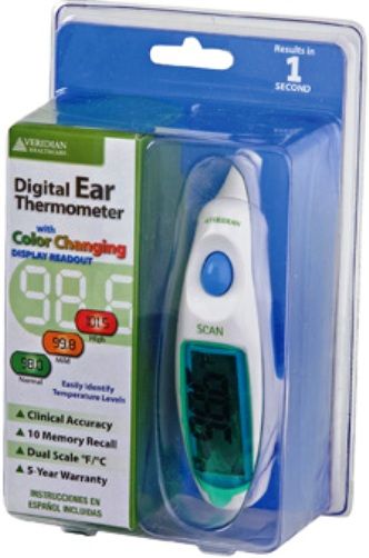 Veridian Healthcare 09-345 Premium Digital Ear Thermometer, Color-changing illuminated display easily identifies body temperature results, Convenient, one-second tympanic readings, Clinically accurate, Large easy-to-read digital display, 10-memory recall, Fahrenheit/Celsius measurements, Automatic shut-off, UPC 845717002677 (VERIDIAN09345 09345 09 345 093-45)